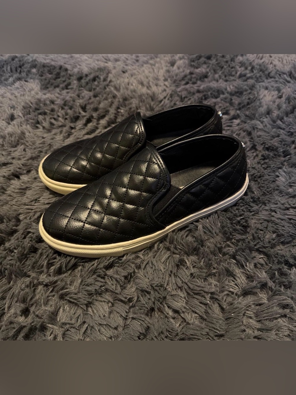 Steve Madden Quilted Slip-On Flats in Black with Cream Sole